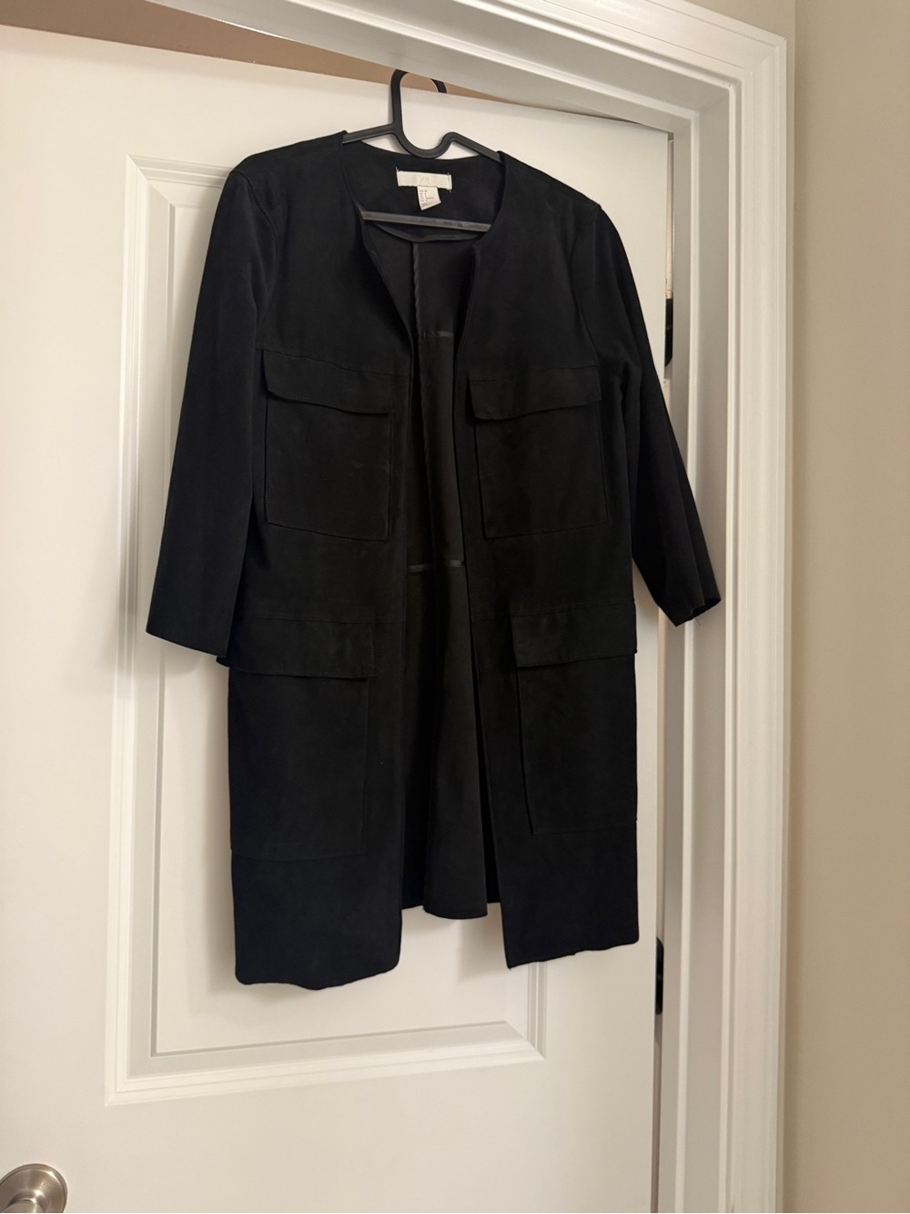 H&M Black Collarless Coat with Patch Pockets
